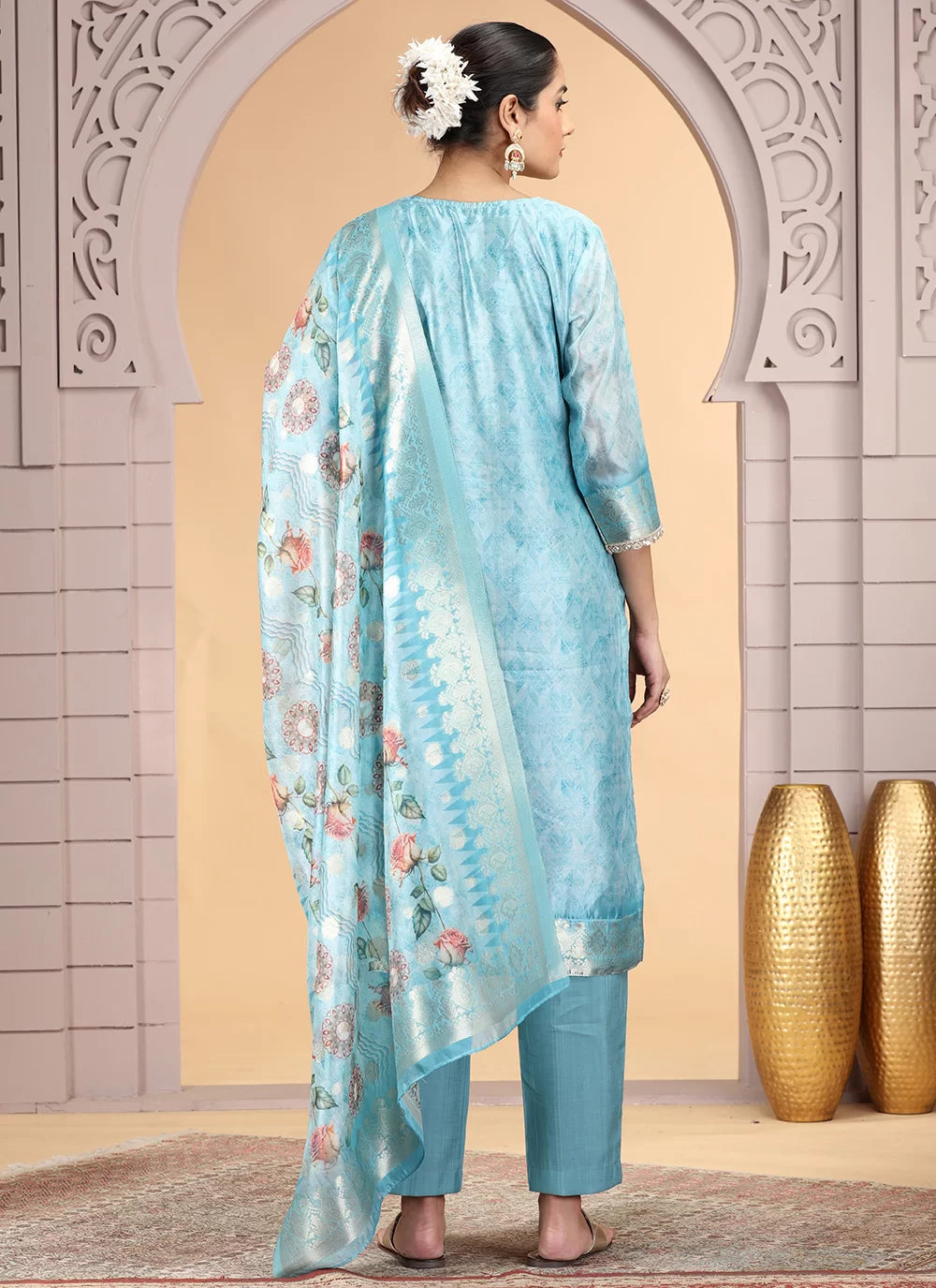 Chhap Organza Jacquard Woven and Hand Work Salwar Suit In Sky Blue Colour | Grocsy