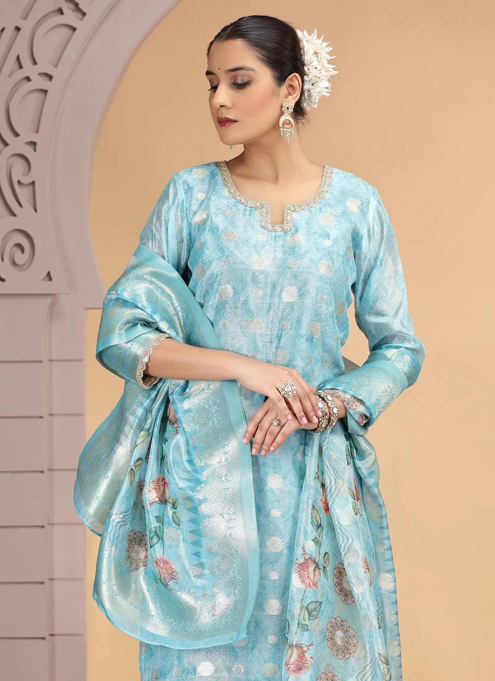 Chhap Organza Jacquard Woven and Hand Work Salwar Suit In Sky Blue Colour | Grocsy