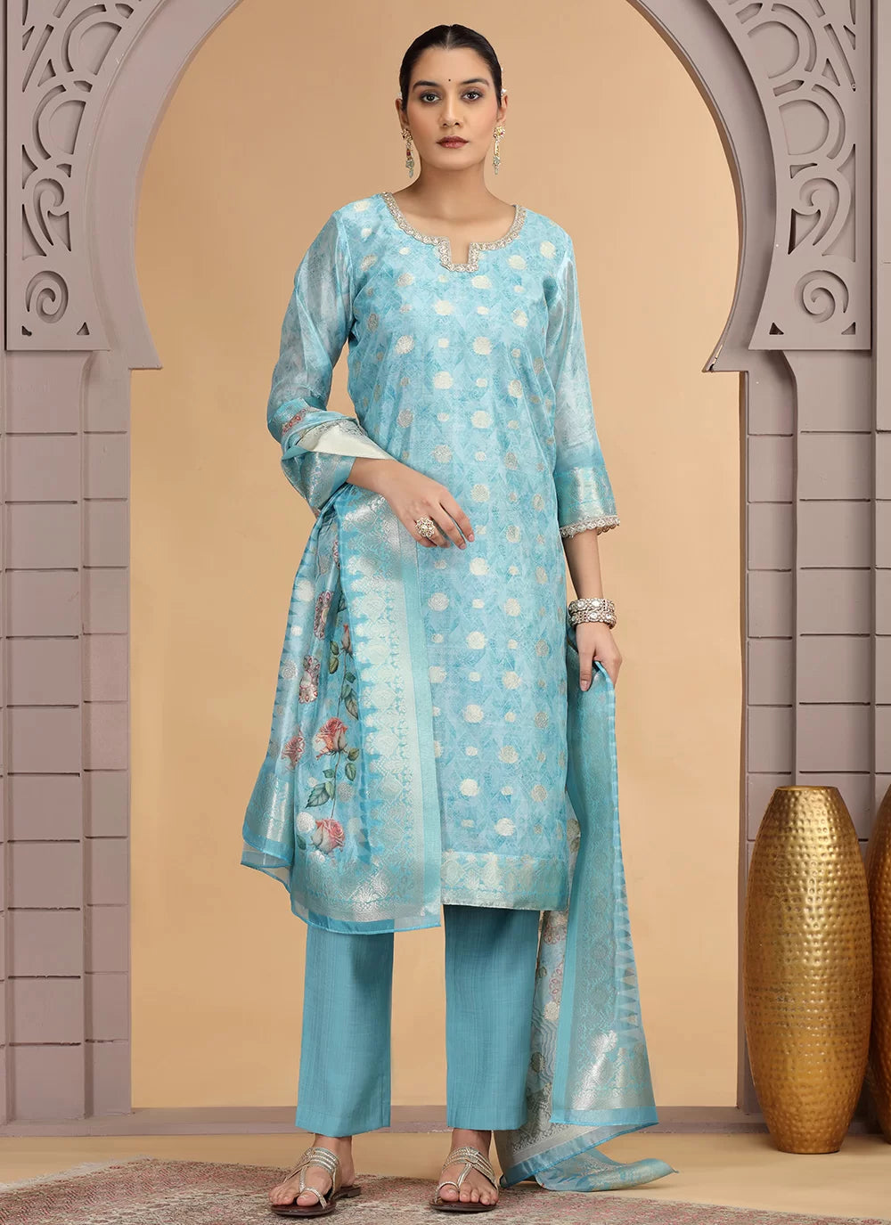 Chhap Organza Jacquard Woven and Hand Work Salwar Suit In Sky Blue Colour | Grocsy