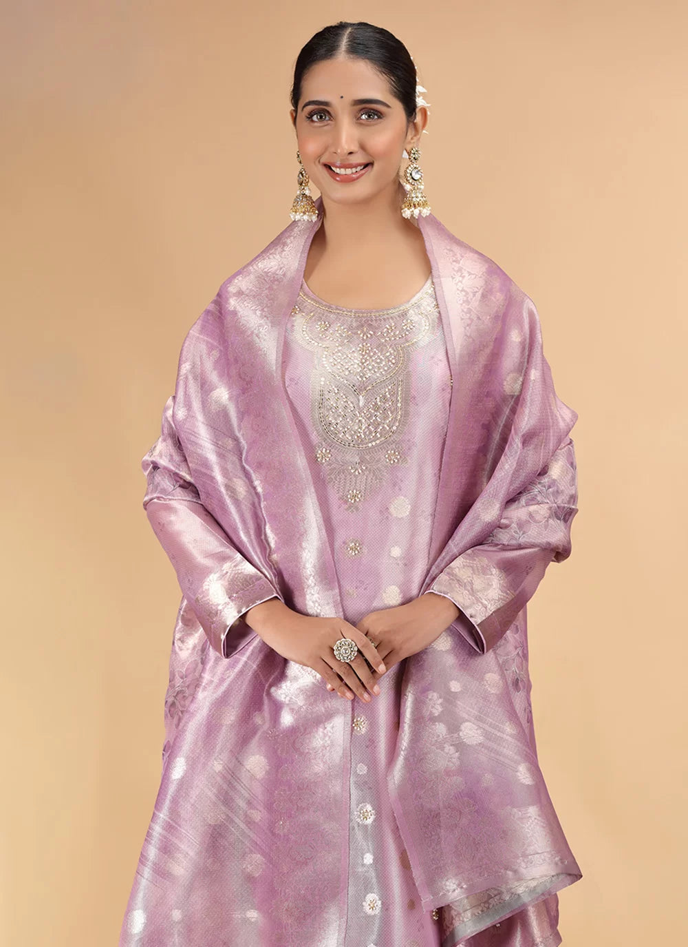 Chhap Organza Jacquard Woven and Hand Work Salwar Suit In Purple Pink Colour | Grocsy