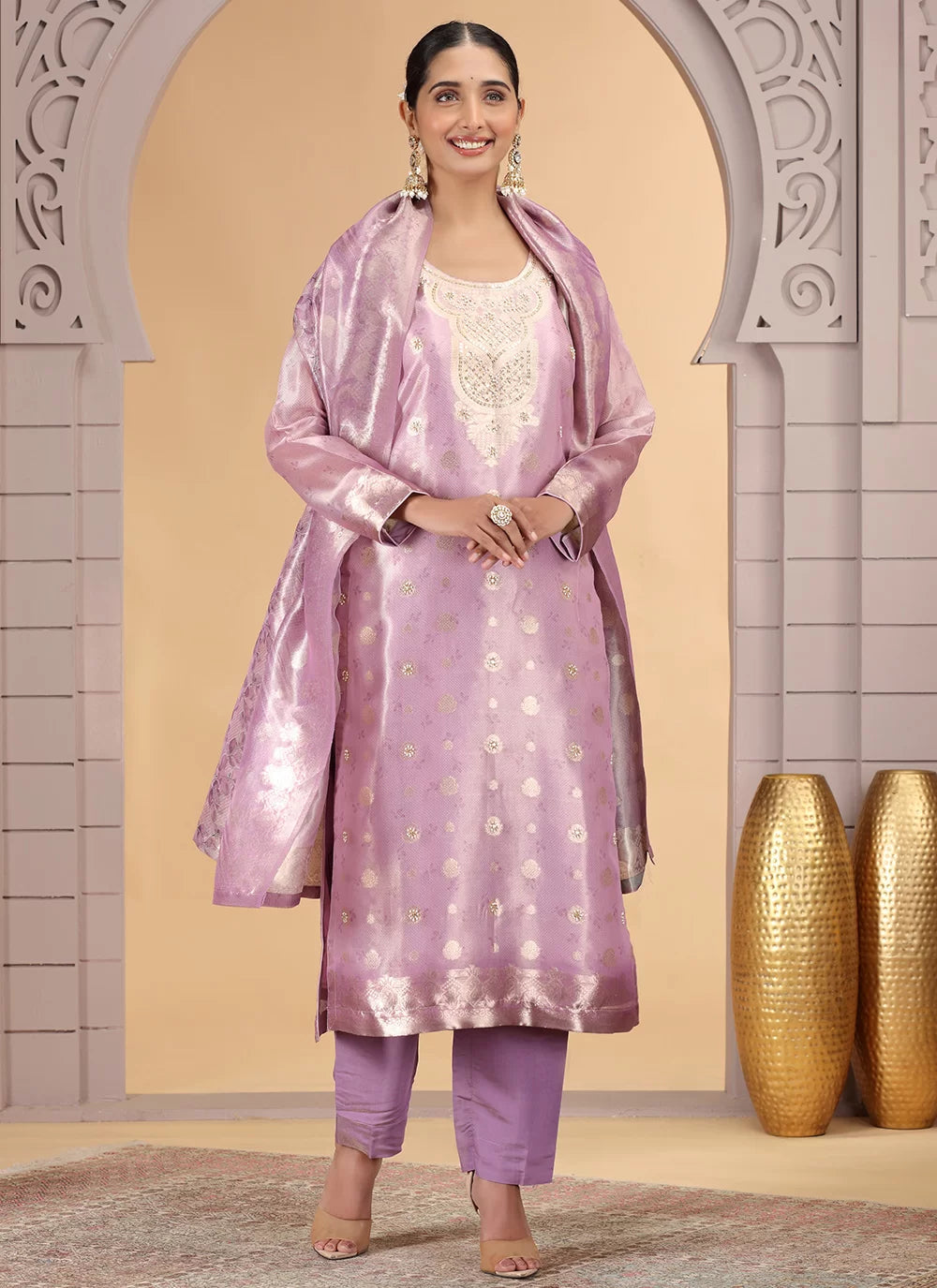 Chhap Organza Jacquard Woven and Hand Work Salwar Suit In Purple Pink Colour | Grocsy