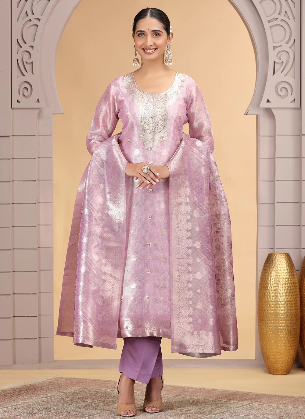 Chhap Organza Jacquard Woven and Hand Work Salwar Suit In Purple Pink Colour | Grocsy