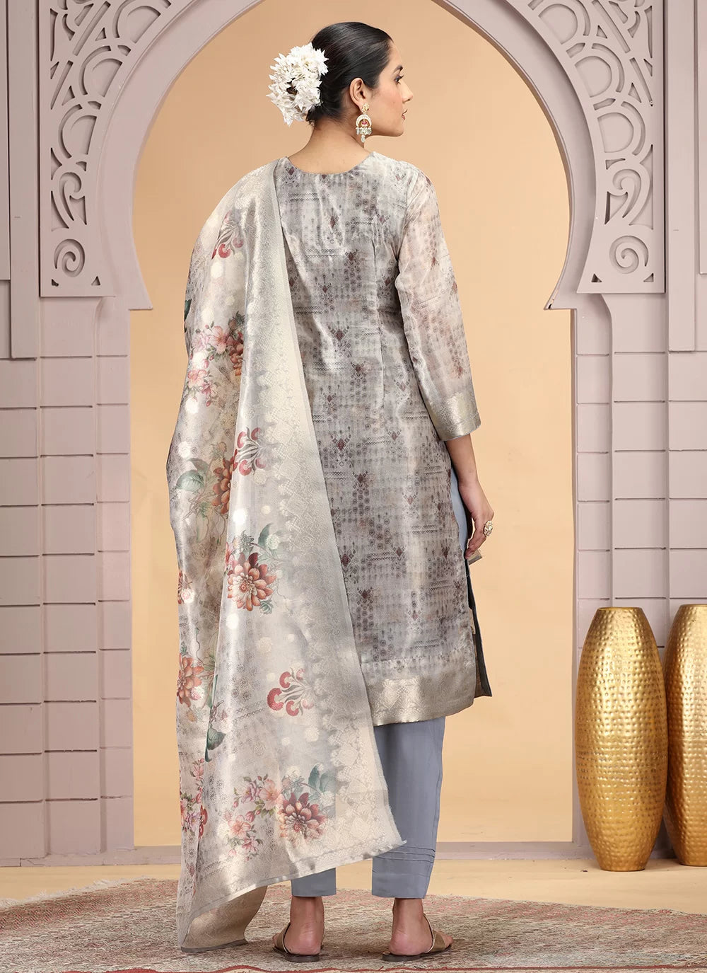 Chhap Organza Jacquard Woven and Hand Work Salwar Suit In Grey Brown Colour | Grocsy