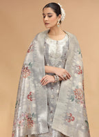 Chhap Organza Jacquard Woven and Hand Work Salwar Suit In Grey Brown Colour | Grocsy