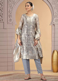 Chhap Organza Jacquard Woven and Hand Work Salwar Suit In Grey Brown Colour | Grocsy
