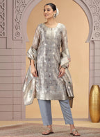 Chhap Organza Jacquard Woven and Hand Work Salwar Suit In Grey Brown Colour | Grocsy