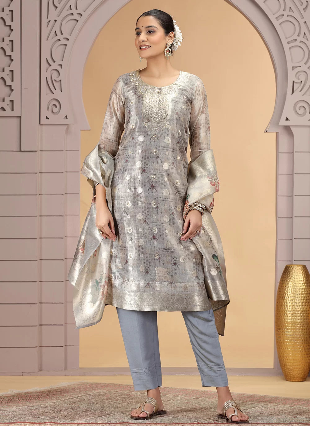 Chhap Organza Jacquard Woven and Hand Work Salwar Suit In Grey Brown Colour | Grocsy