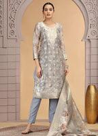 Chhap Organza Jacquard Woven and Hand Work Salwar Suit In Grey Brown Colour | Grocsy