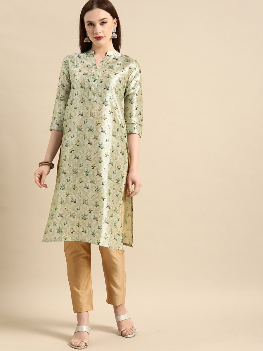 All About You Women Sea Green Floral Block Print Mandarin Collar Chanderi Silk Blend Kurta | Grocsy