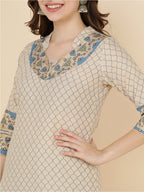 HERE&NOW Women Beige Printed Pure Cotton Kurta with Churidar & With Dupatta | Grocsy