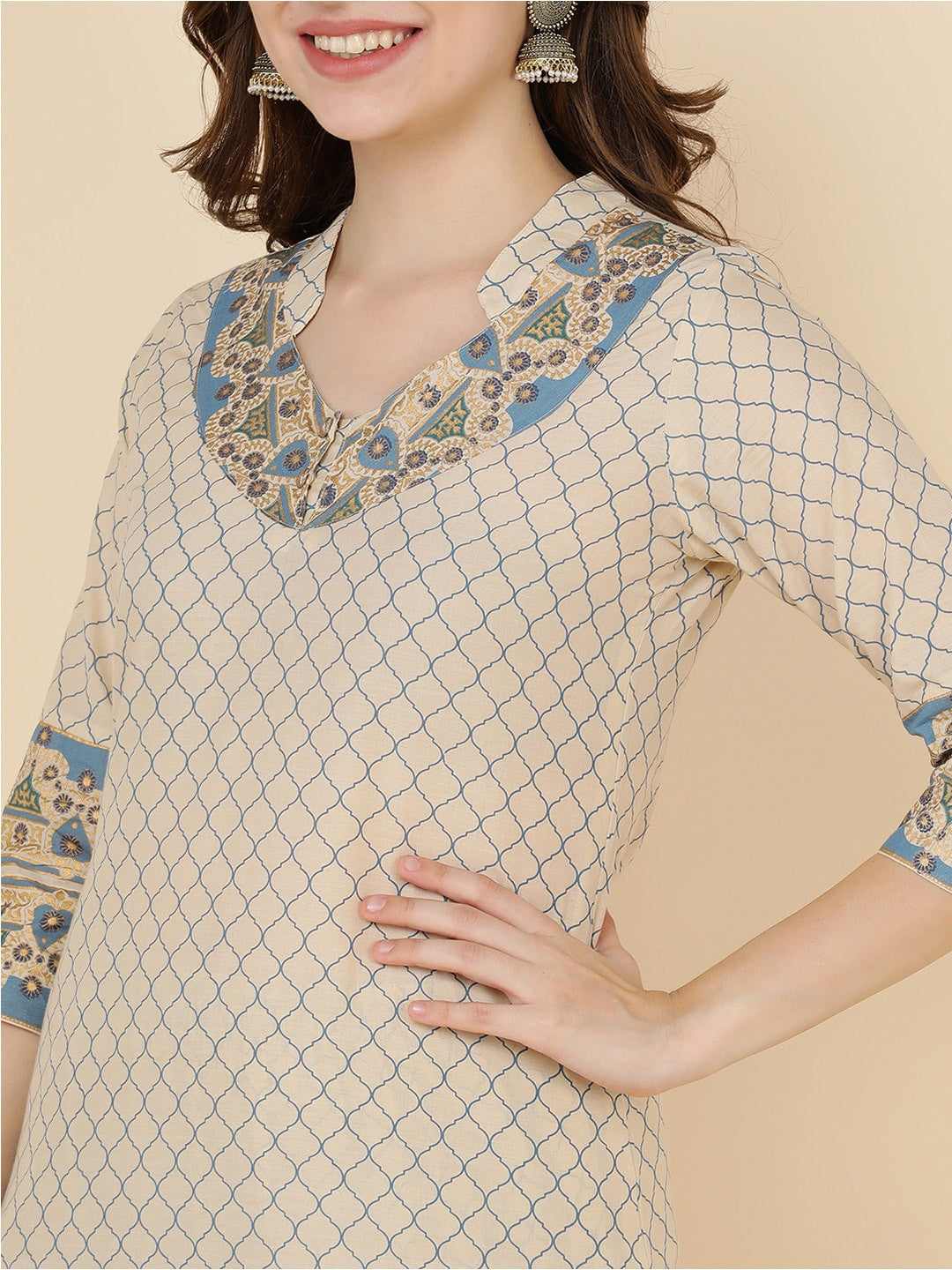 HERE&NOW Women Beige Printed Pure Cotton Kurta with Churidar & With Dupatta | Grocsy