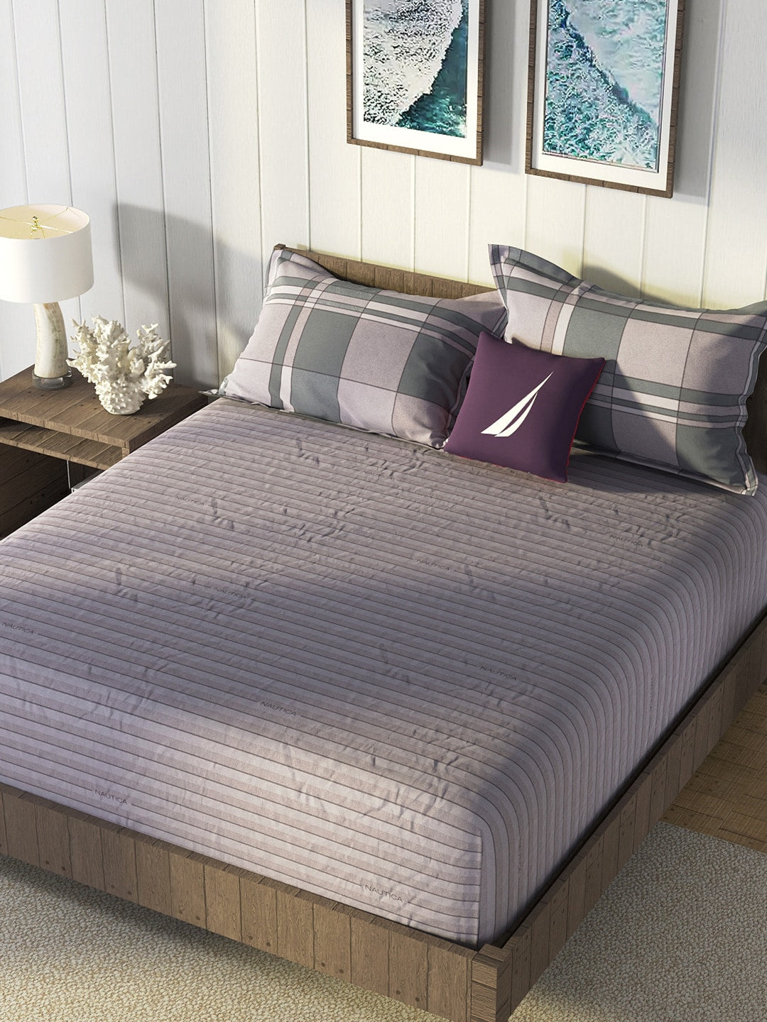Nautica Grey & Blue Striped Cotton 160 TC King Bedsheet With 2 Pillow Covers | Grocsy