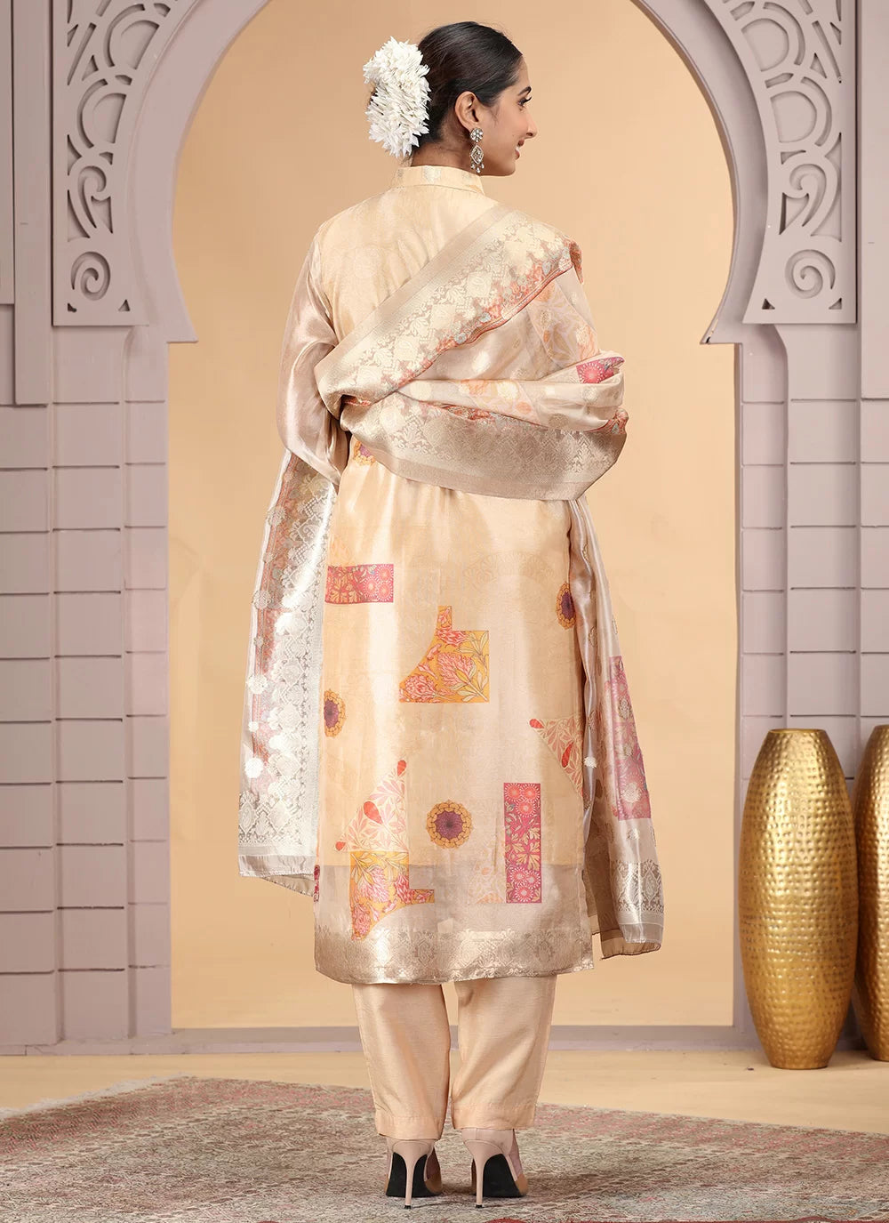 Chhap Organza Jacquard Woven and Hand Work Salwar Suit In Black Golden Colour | Grocsy