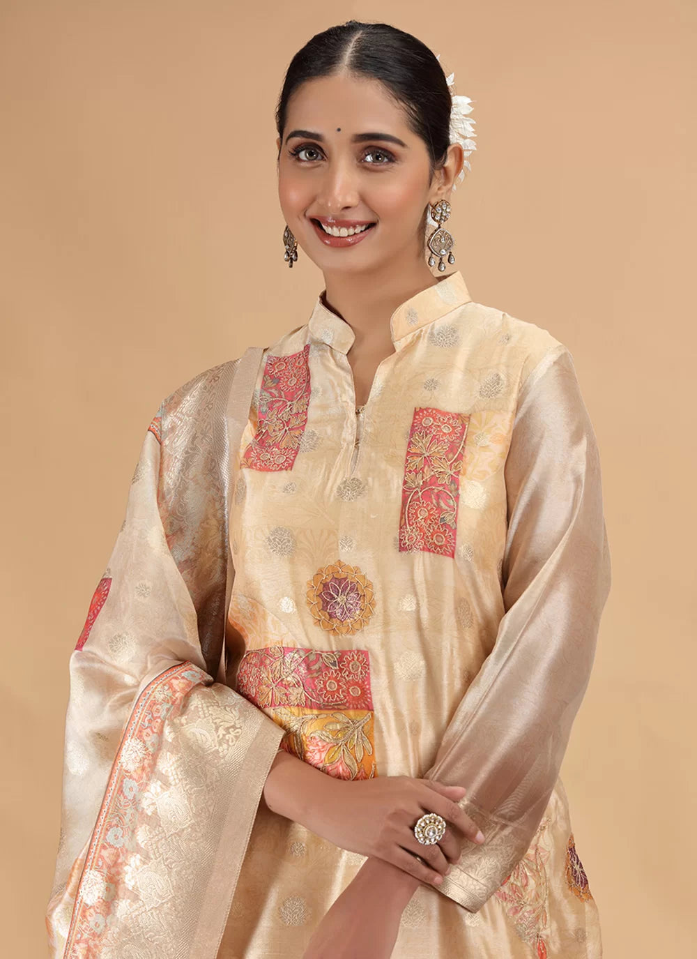 Chhap Organza Jacquard Woven and Hand Work Salwar Suit In Black Golden Colour | Grocsy