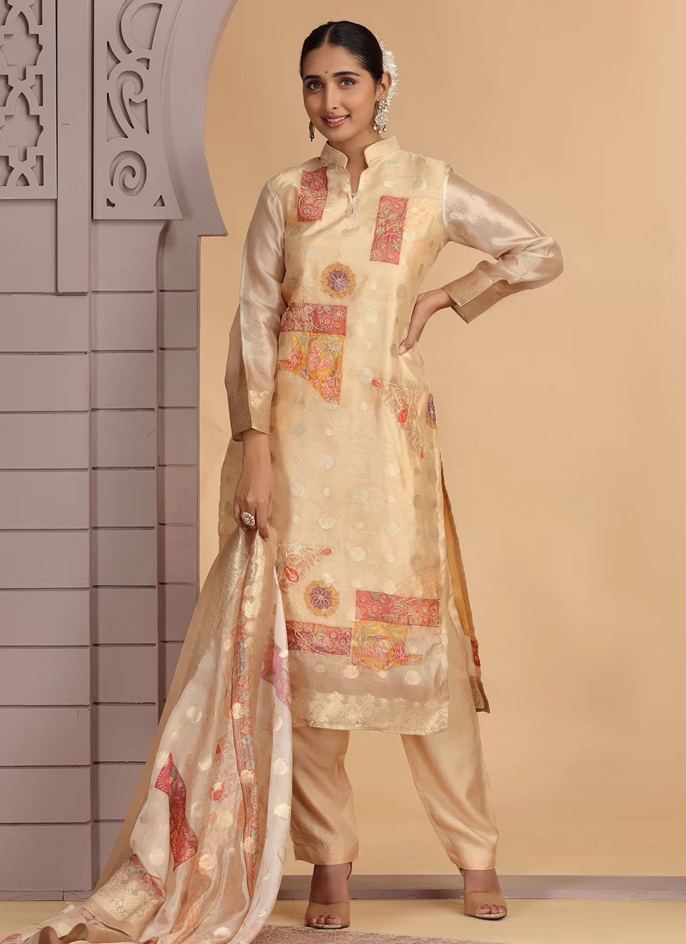 Chhap Organza Jacquard Woven and Hand Work Salwar Suit In Black Golden Colour | Grocsy
