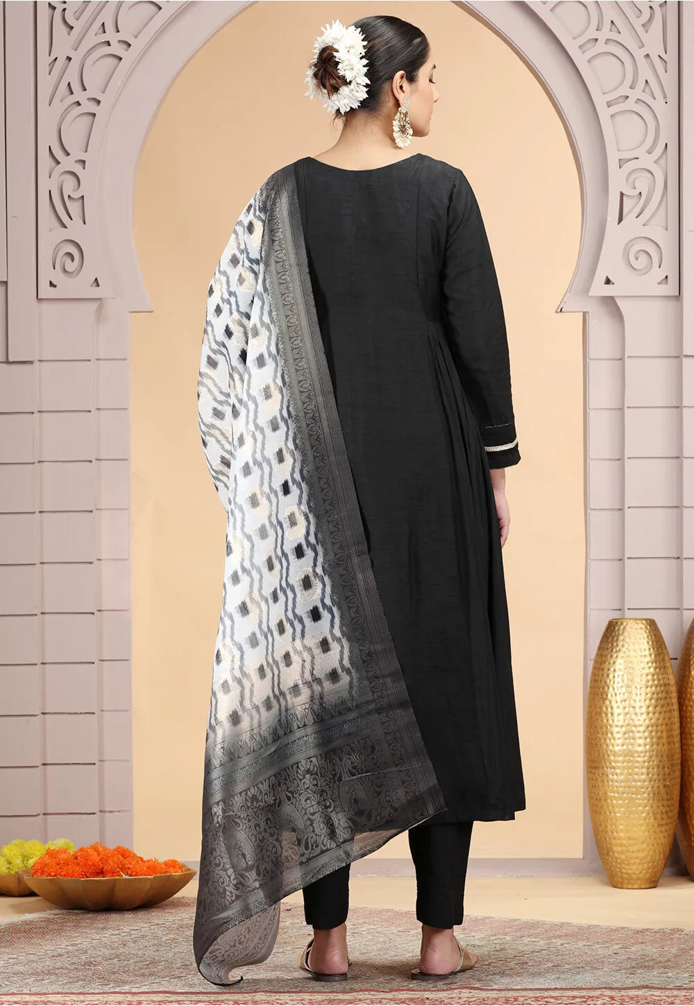 Chhap Chiffon Printed and Hand Work Salwar Suit In Black Colour | Grocsy