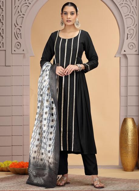 Chhap Chiffon Printed and Hand Work Salwar Suit In Black Colour | Grocsy