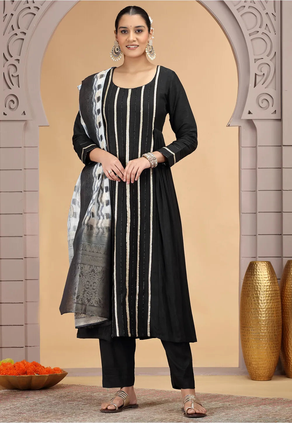 Chhap Chiffon Printed and Hand Work Salwar Suit In Black Colour | Grocsy