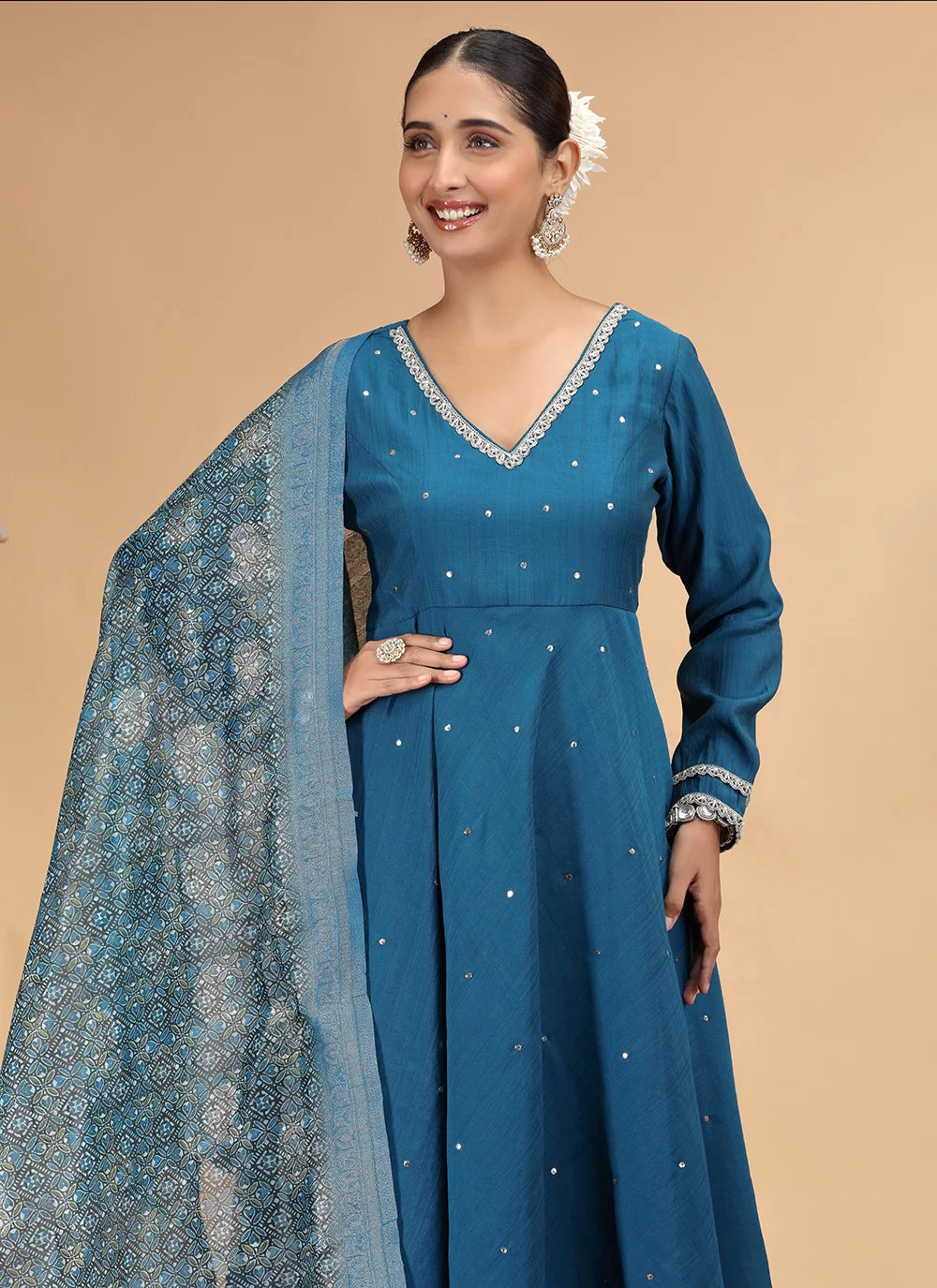 Chhap Teal Blue Colour Chiffon Hand Work Salwar Suit | Grocsy