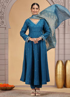 Chhap Teal Blue Colour Chiffon Hand Work Salwar Suit | Grocsy