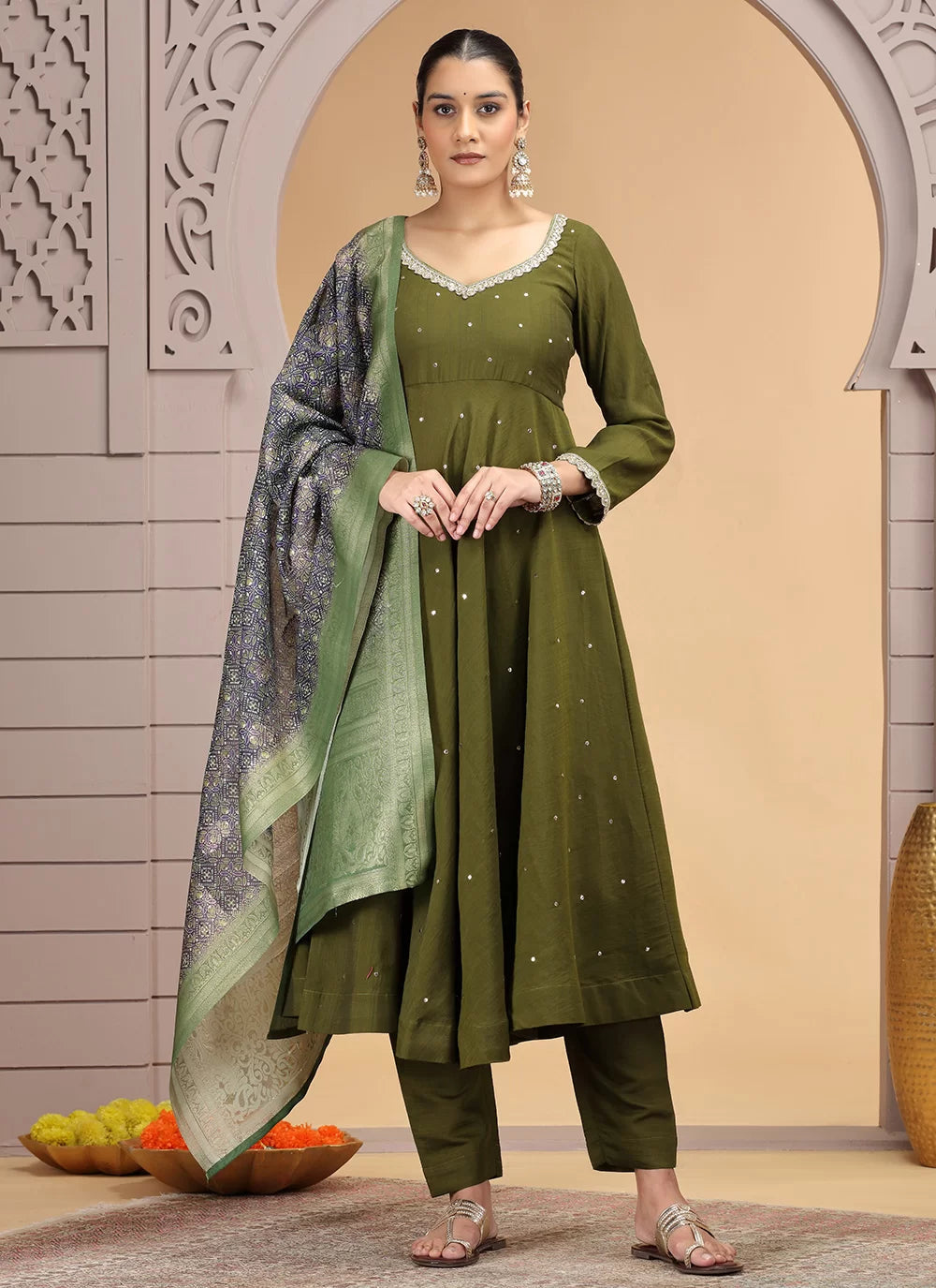 Chhap Green Colour Chiffon Hand Work Salwar Suit | Grocsy