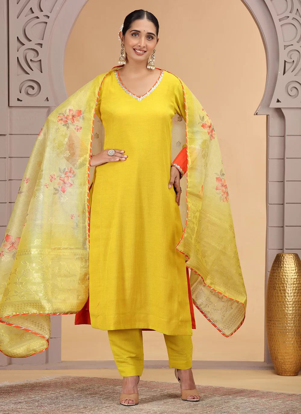 Chhap Yellow Colour Chiffon Hand Work Salwar Suit | Grocsy