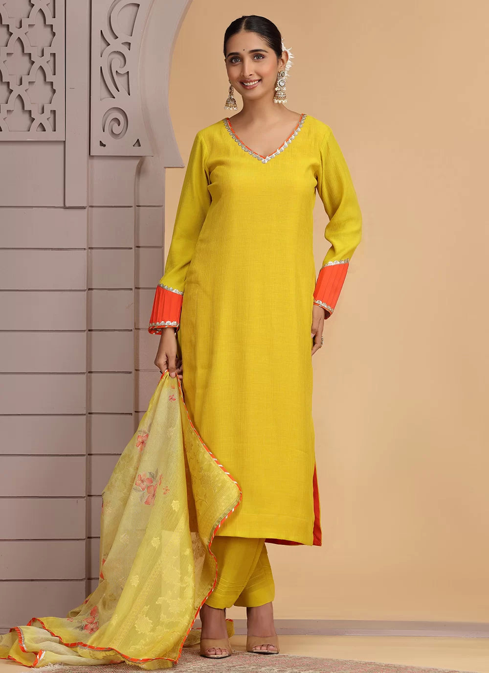 Chhap Yellow Colour Chiffon Hand Work Salwar Suit | Grocsy