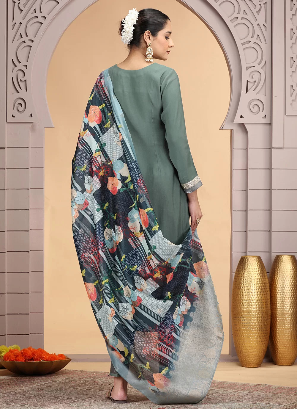 Chhap Tissue Green Colour Chiffon Hand Work Salwar Suit | Grocsy