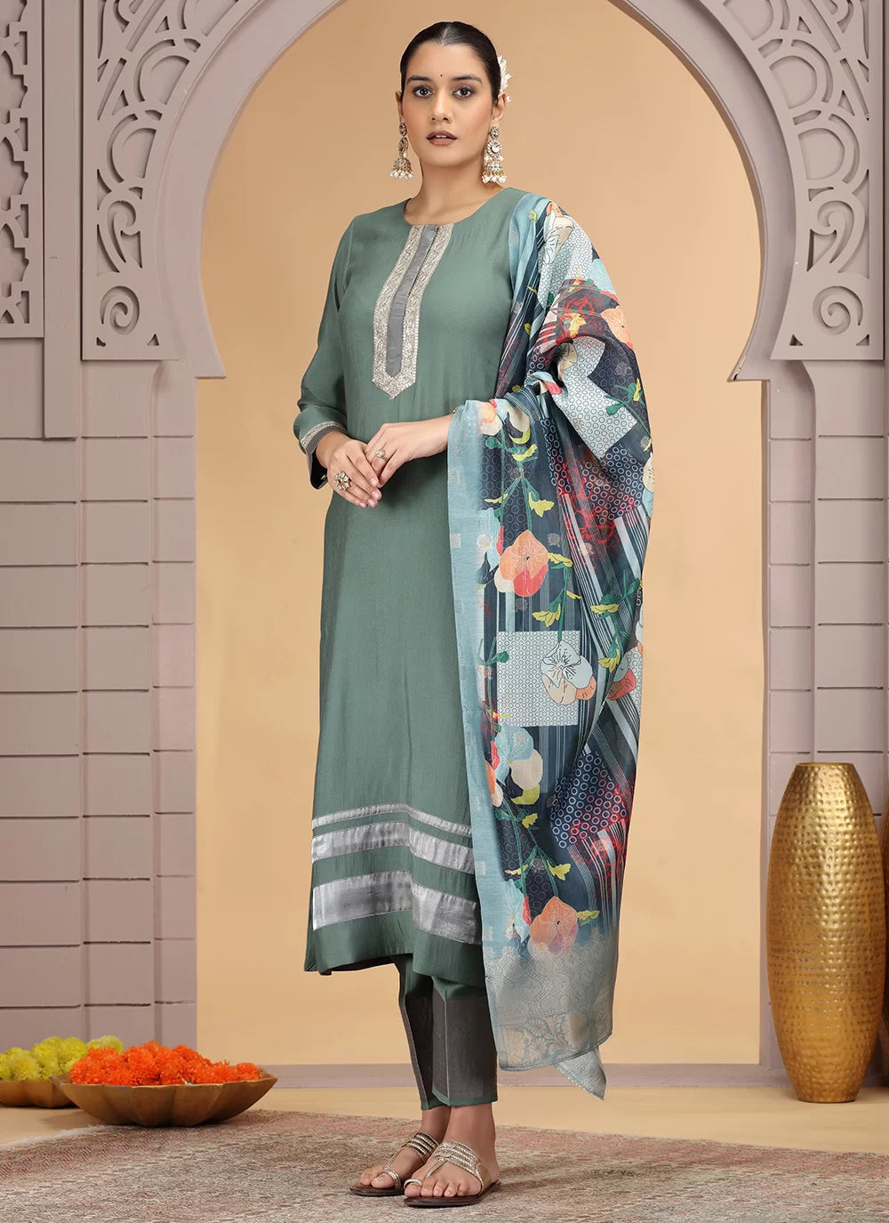 Chhap Tissue Green Colour Chiffon Hand Work Salwar Suit | Grocsy