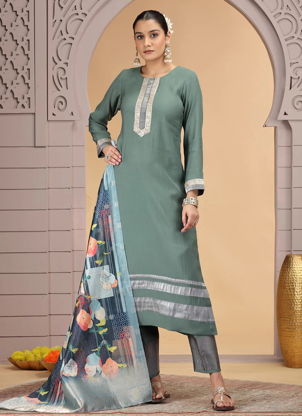 Chhap Tissue Green Colour Chiffon Hand Work Salwar Suit | Grocsy