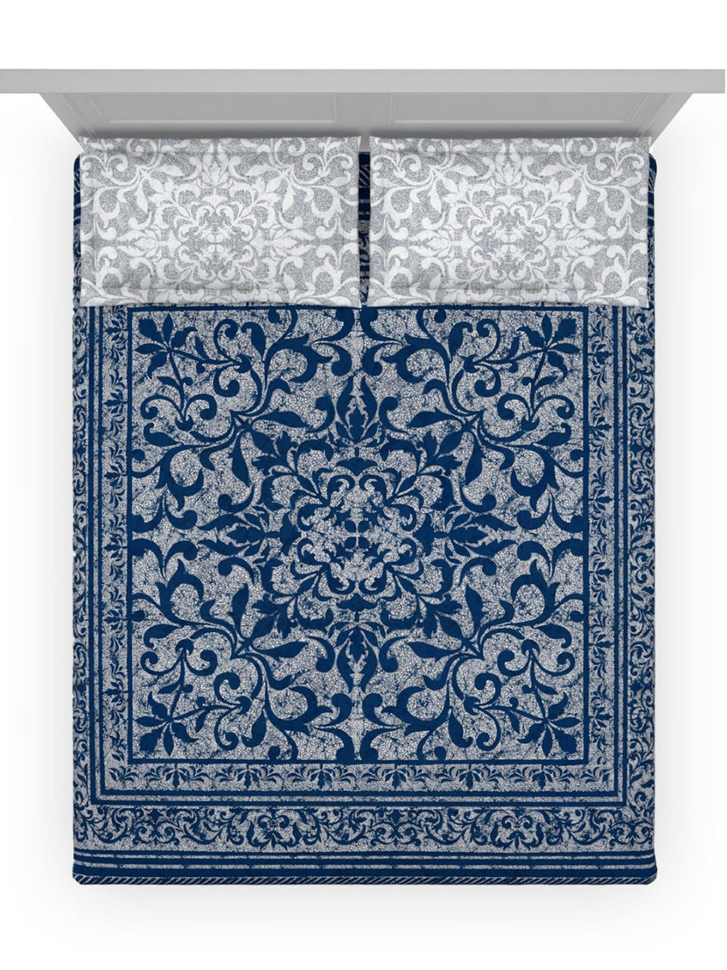 DDecor Blue & White Ethnic Motifs Cotton 140 TC King Bedsheet With 2 Pillow Covers | Grocsy