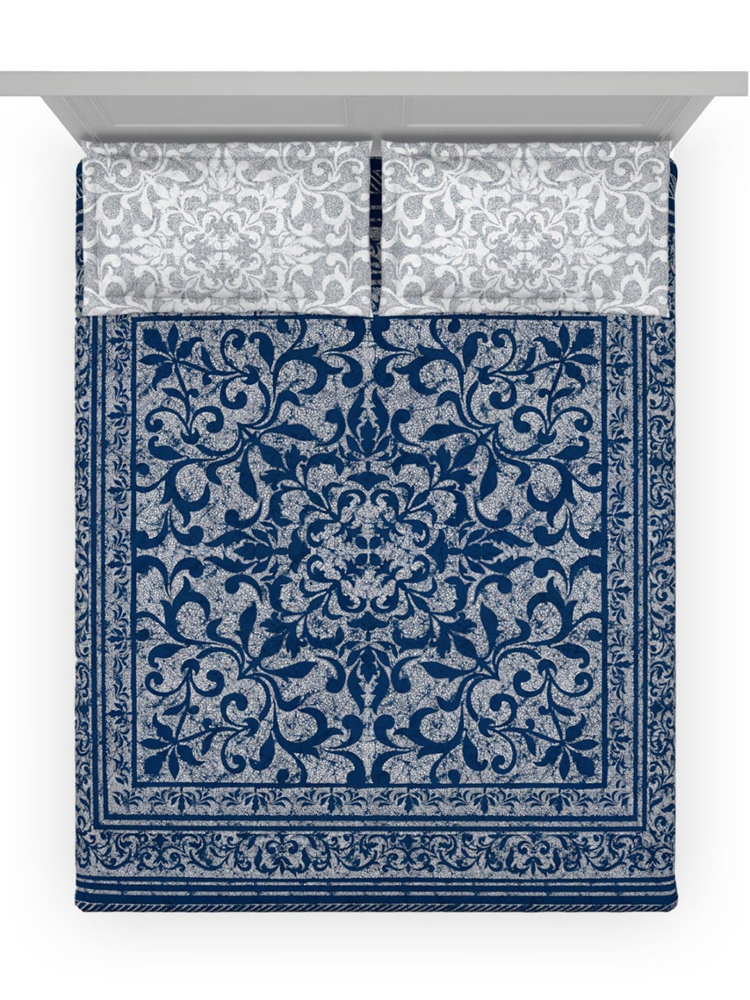 DDecor Blue & White Ethnic Motifs Cotton 140 TC King Bedsheet With 2 Pillow Covers | Grocsy