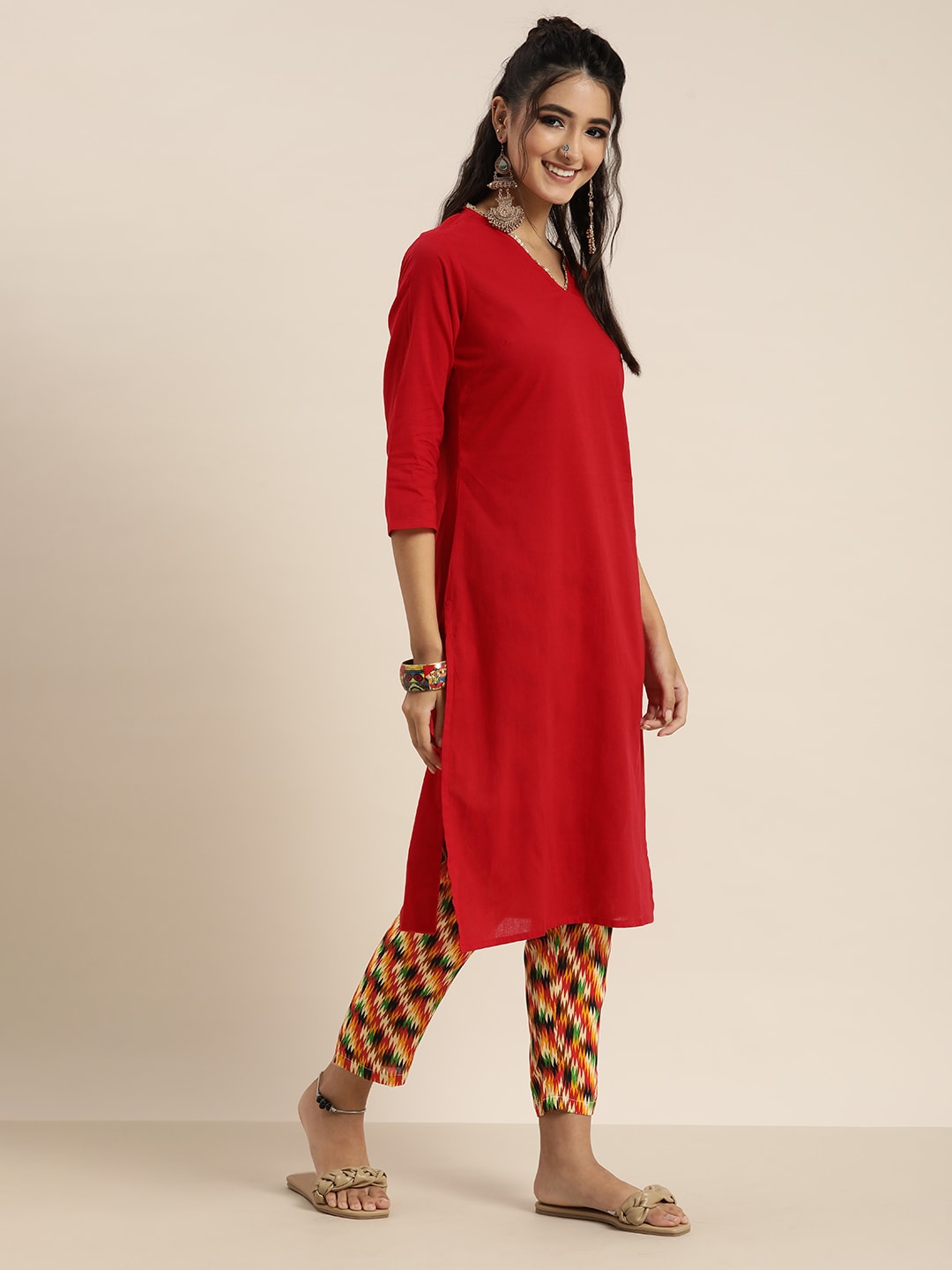 Sangria Women Red Solid Pure Cotton Gotta Patti Kurta with Abstract Print Trousers | Grocsy