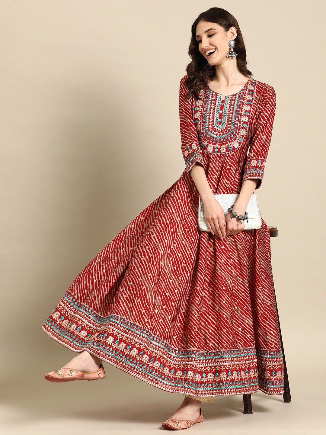 Sangria Women Floral Embroidered Mirror Work Anarkali Kurta | Grocsy