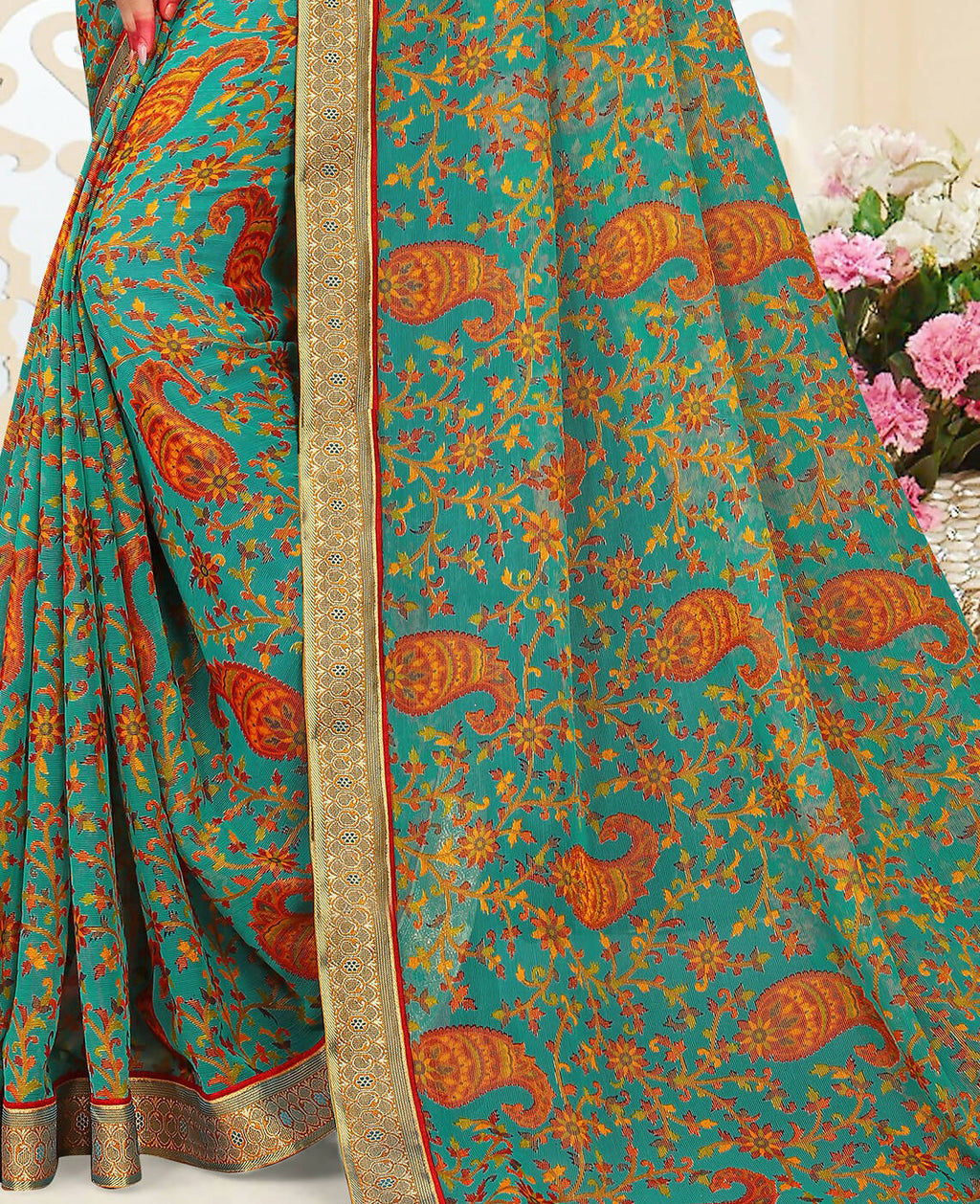 Sea Green Chiffon Brasso Printed Saree With Unstitched Blouse Piece - Jyoti | Grocsy