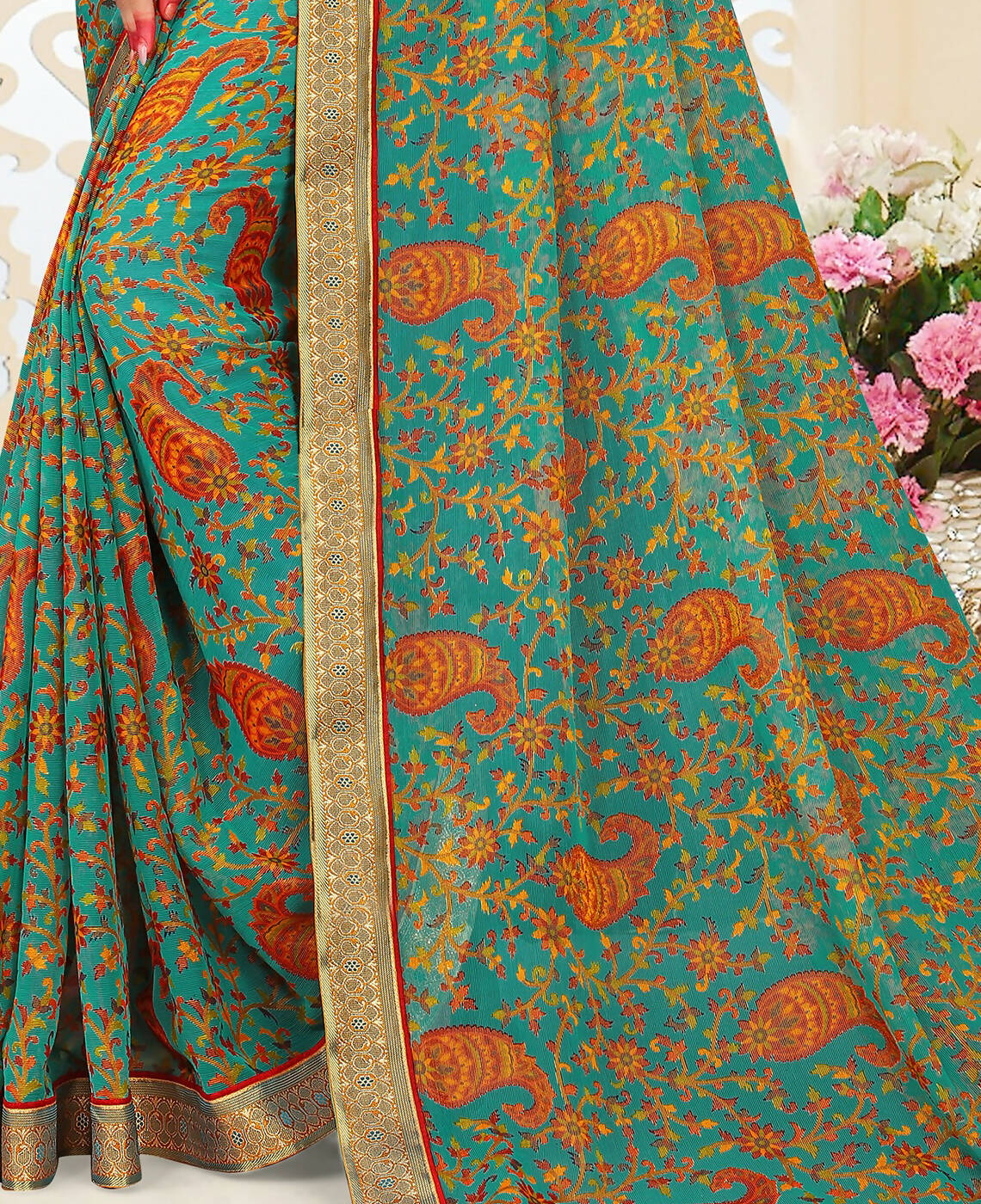 Sea Green Chiffon Brasso Printed Saree With Unstitched Blouse Piece - Jyoti | Grocsy