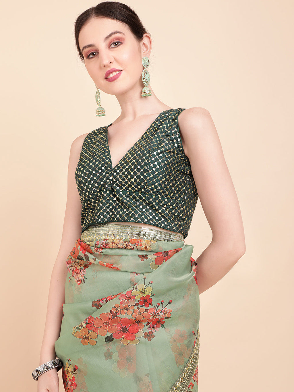 Sangria Olive Green & Red Floral Printed Organza Saree With Sequinned Blouse piece | Grocsy