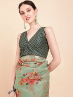 Sangria Olive Green & Red Floral Printed Organza Saree With Sequinned Blouse piece | Grocsy
