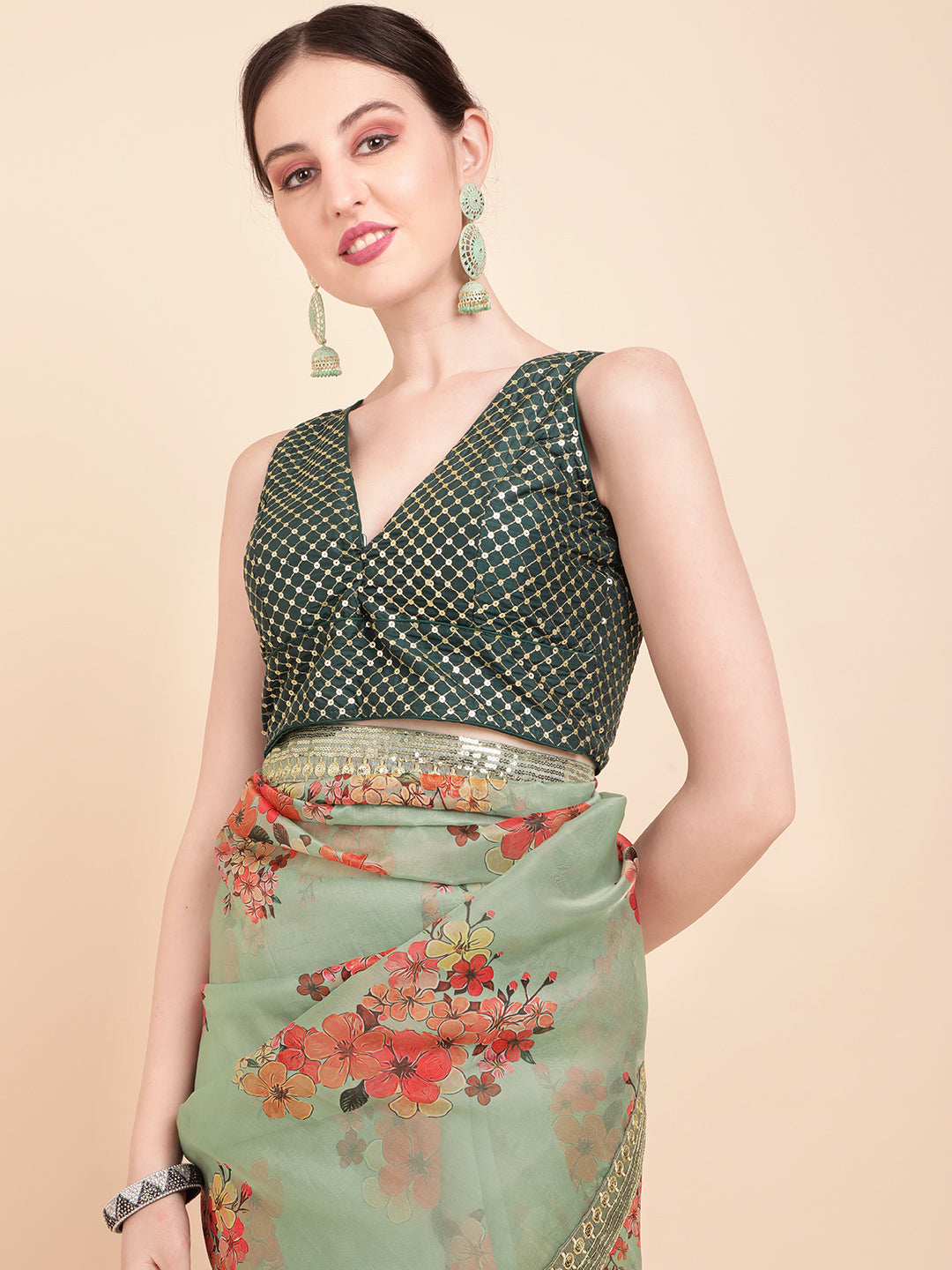 Sangria Olive Green & Red Floral Printed Organza Saree With Sequinned Blouse piece | Grocsy