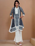 Sangria Navy Blue & White Geometric Printed Pure Cotton Kurta With Palazzos & Dupatta | Grocsy