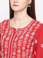 ADA Women Red & White Chikankari Hand Embroidered Straight Sustainable Kurta | Grocsy
