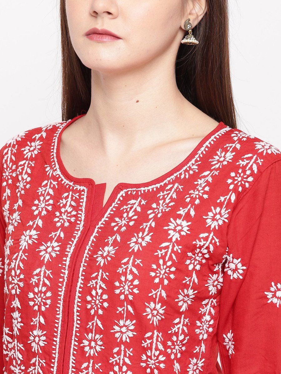 ADA Women Red & White Chikankari Hand Embroidered Straight Sustainable Kurta | Grocsy