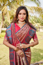 Vastranavya Boutique Collection Kanjivaram Soft Silk Saree With Unstitched Blouse - Coral | Grocsy