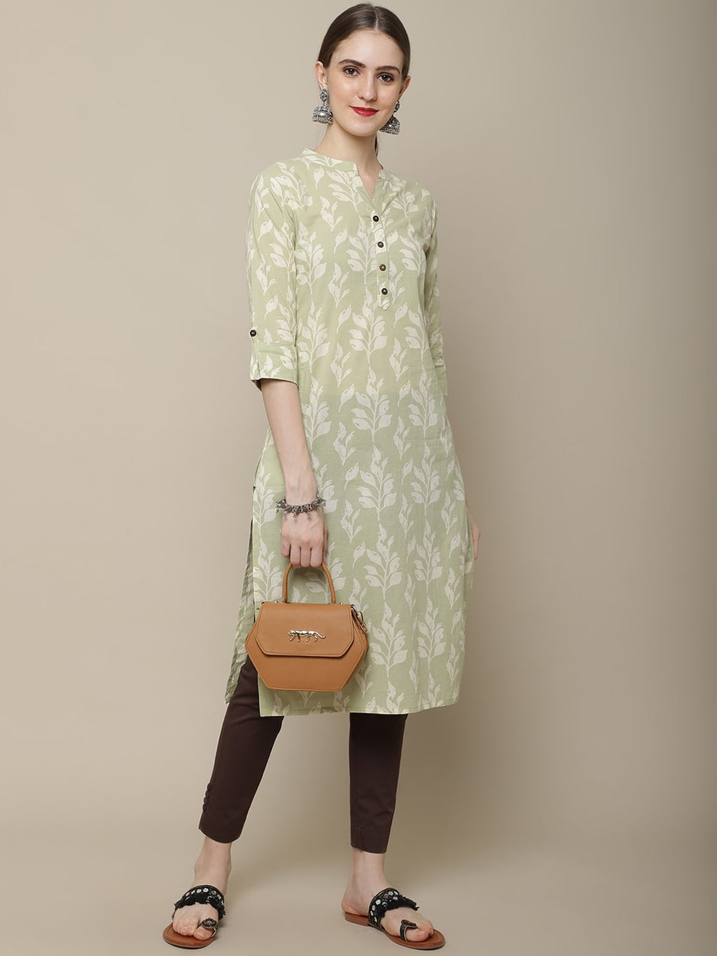 Sangria Women Olive Green & Off White Floral Printed Kurta | Grocsy