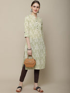 Sangria Women Olive Green & Off White Floral Printed Kurta | Grocsy