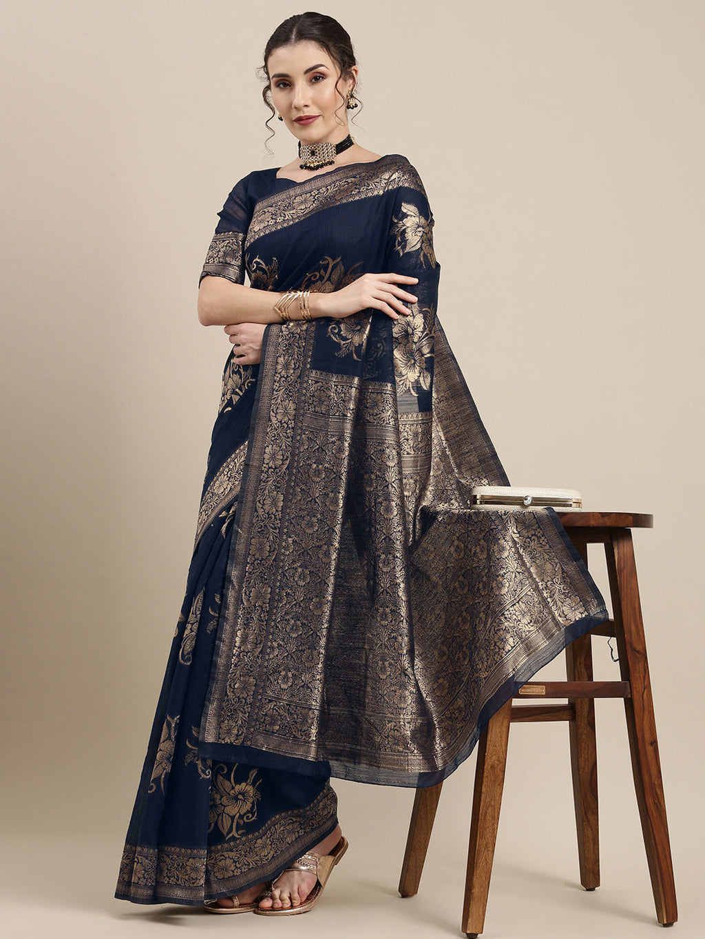 Saree Mall Navy Blue Floral Linen Blend Banarasi Saree | Grocsy