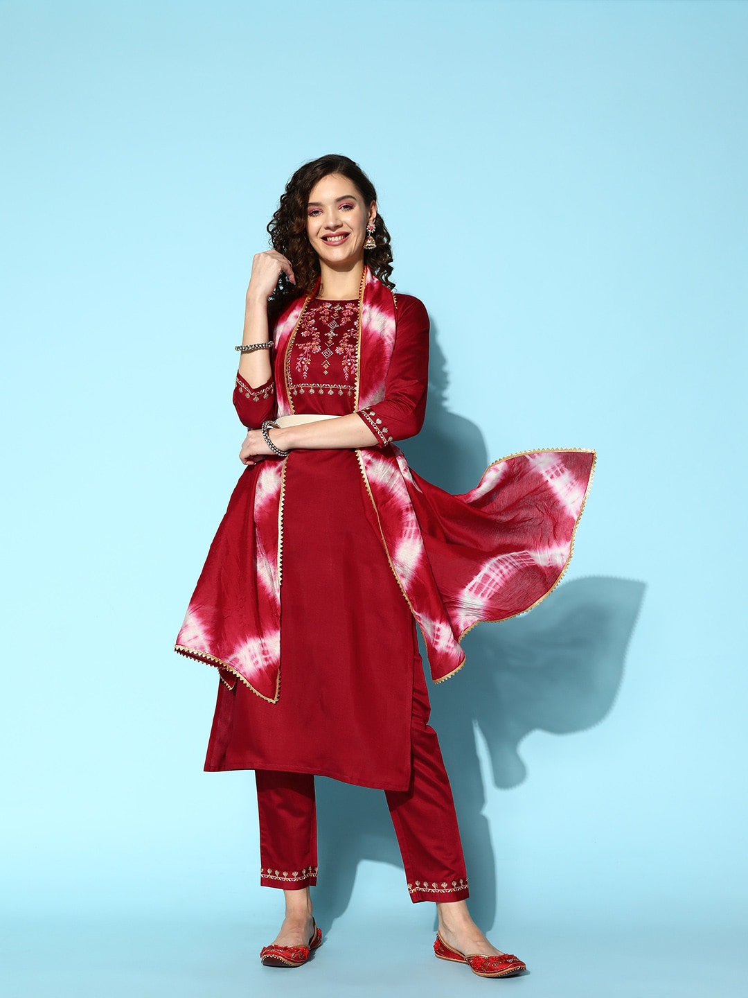 Sangria Embroidered Thread Work Kurta with Trousers & With Dupatta | Grocsy