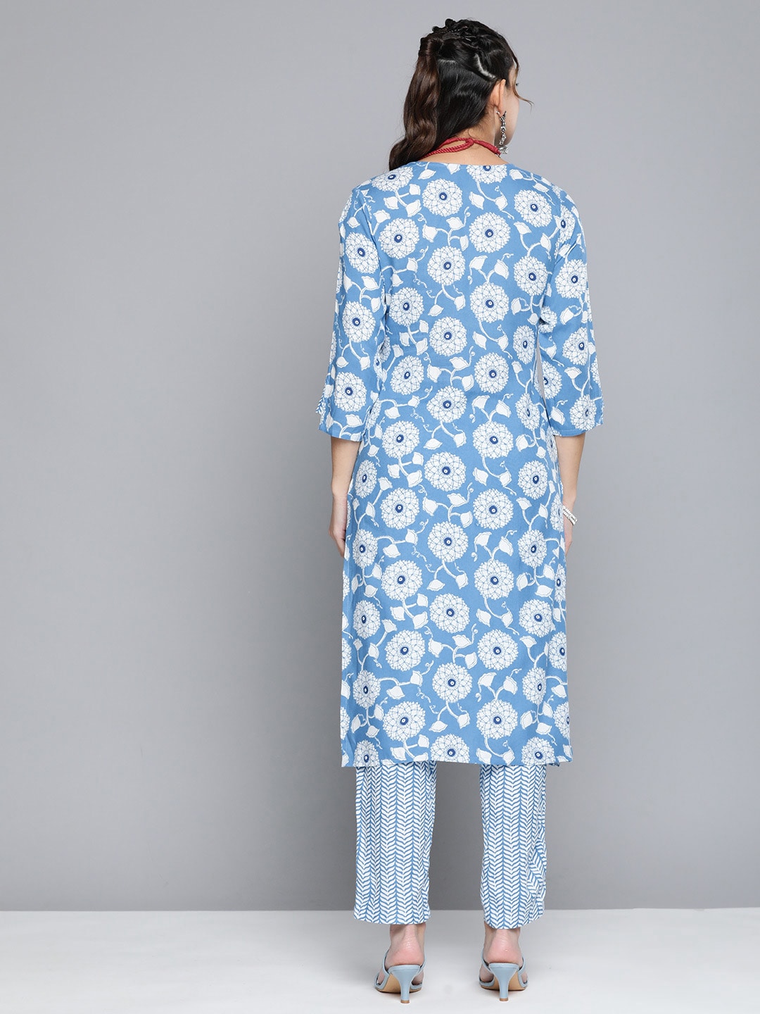 HERE&NOW Women Ethnic Motifs Printed Kantha Work Kurta With Trousers | Grocsy