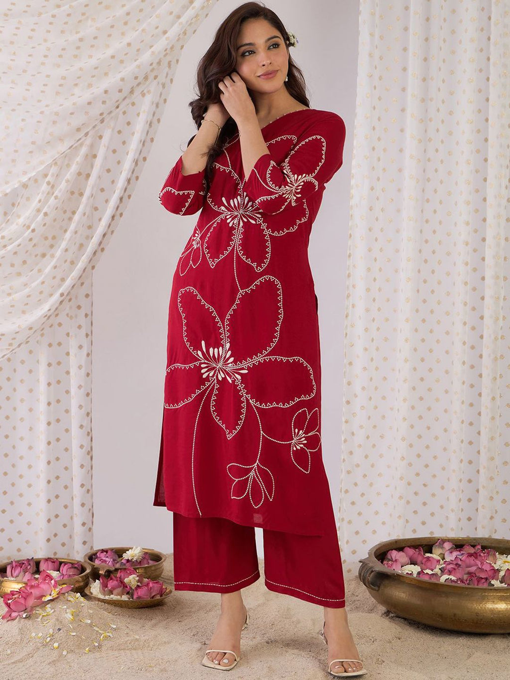 Indo Era Floral Embroidered Beads And Stones Straight Kurta With Palazzos | Grocsy