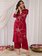 Indo Era Floral Embroidered Beads And Stones Straight Kurta With Palazzos | Grocsy
